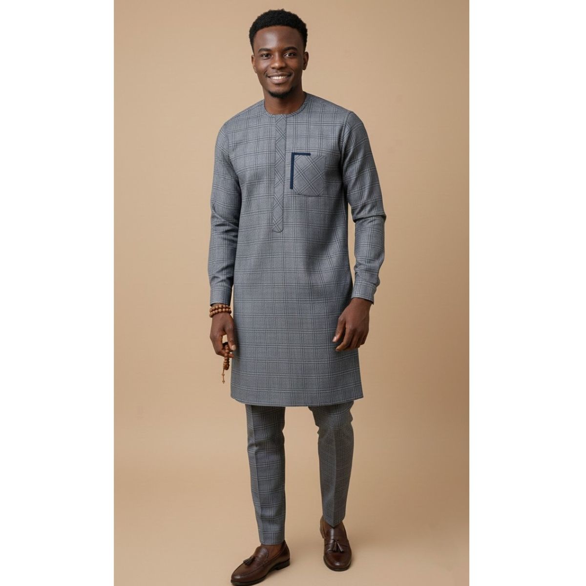 Ensemble homme élégant gris et bleu – Tunique et pantalon moderne chic