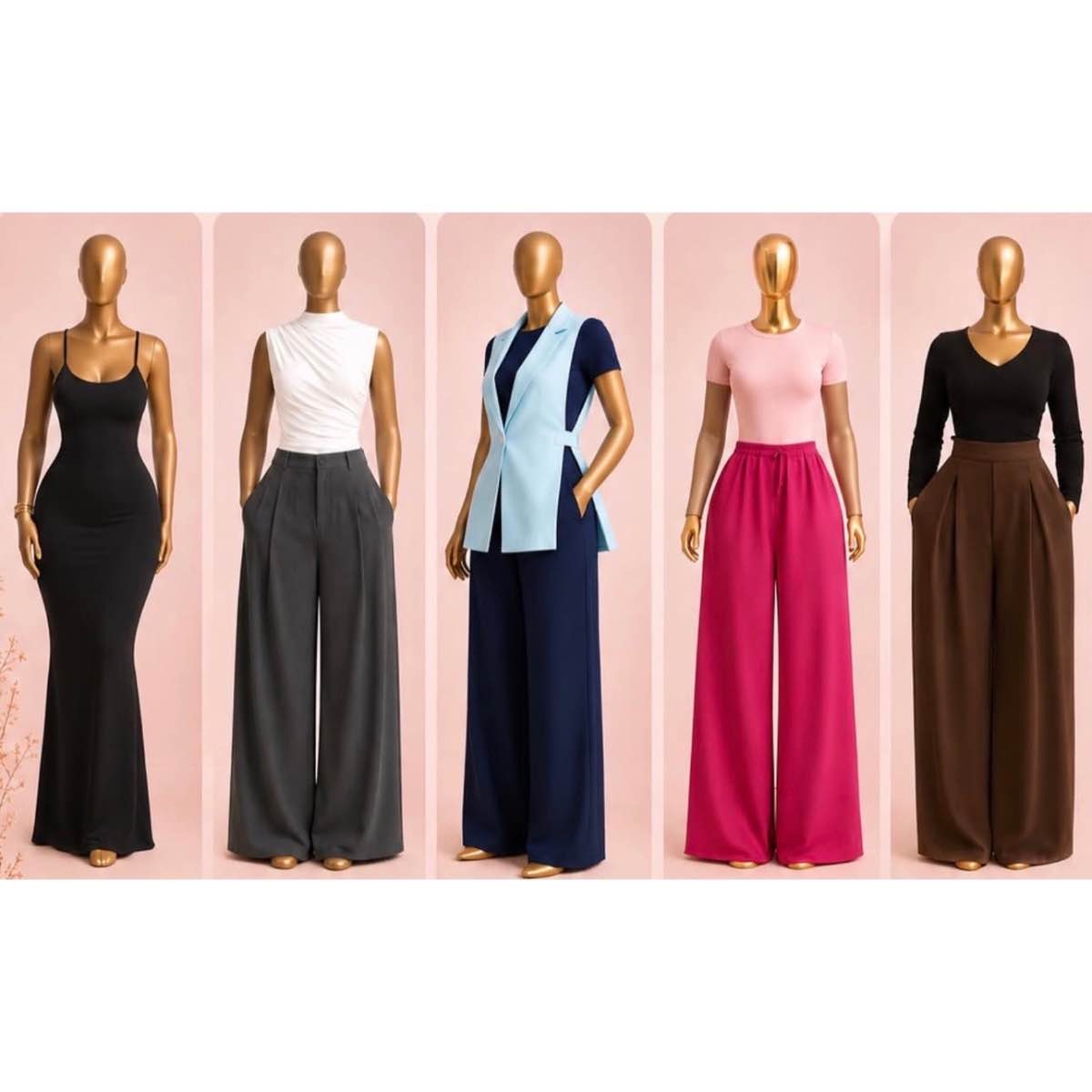 Tenue élégante femme : ensemble pantalon large et chemisier chic, toutes couleurs
