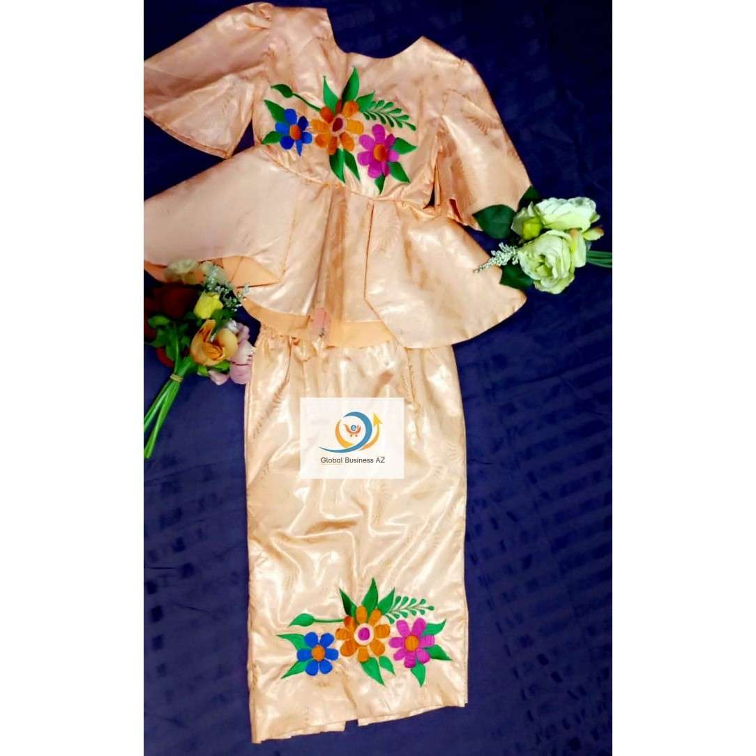 Bazin fille 5 ans orange clair, ensemble cérémonie jupe et haut élégant