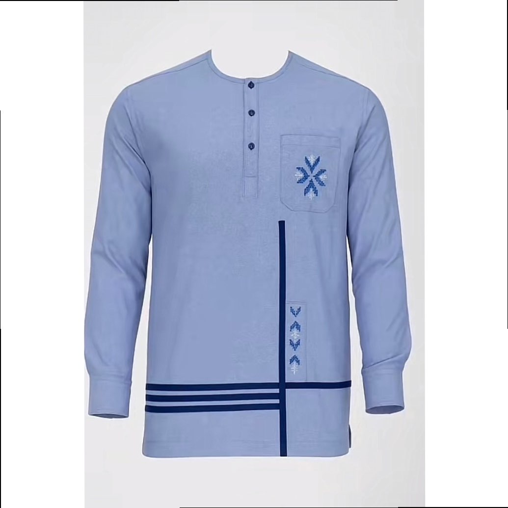 Chemise africaine homme col mao bleu brodée coton lin