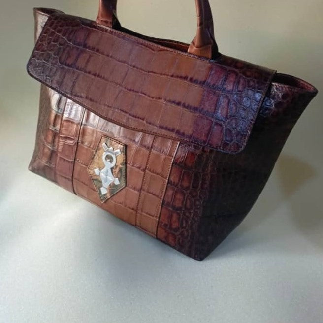 Sac à main cuir femme fait main marron, croix Agadez, style croco luxe