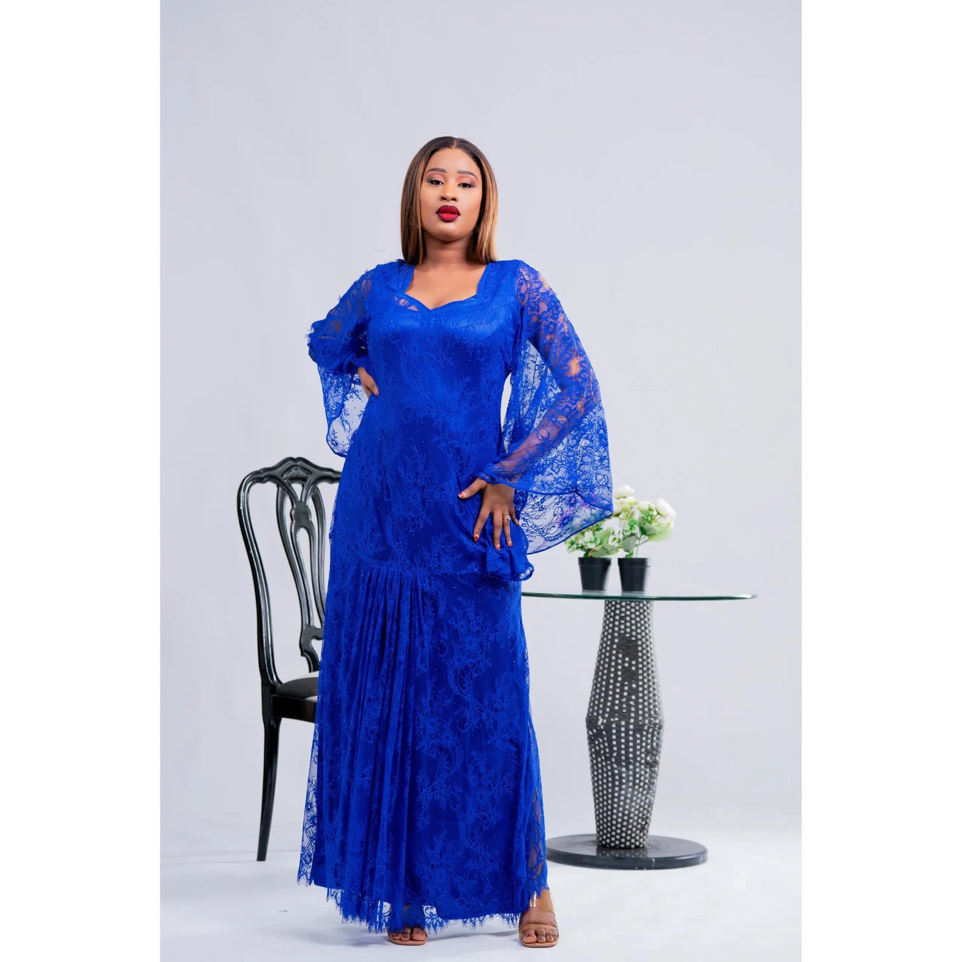 Robe dentelle longue femme bleu royal élégante cérémonie et soirée chic