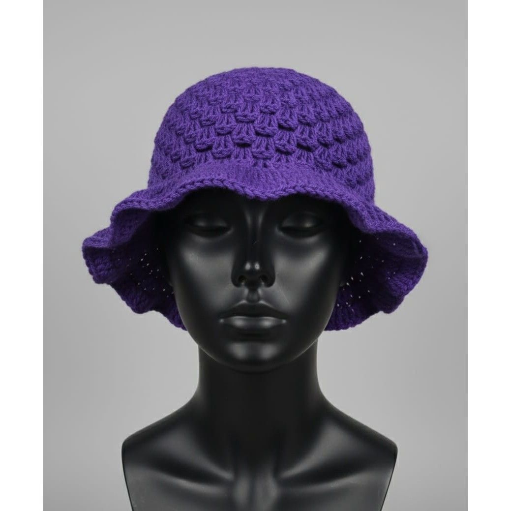 Chapeau crocheté en laine violet – Bucket hat unisexe fait main bohème