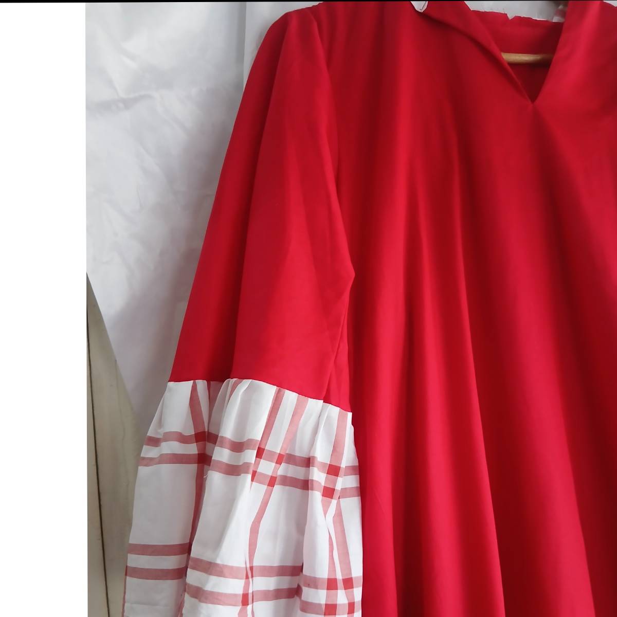 Robe femme coton rouge blanc longue chic décontractée manches 3/4