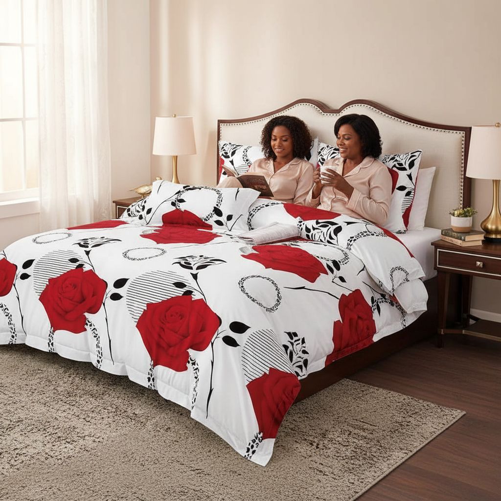 Draps en coton motif fleurs rouges