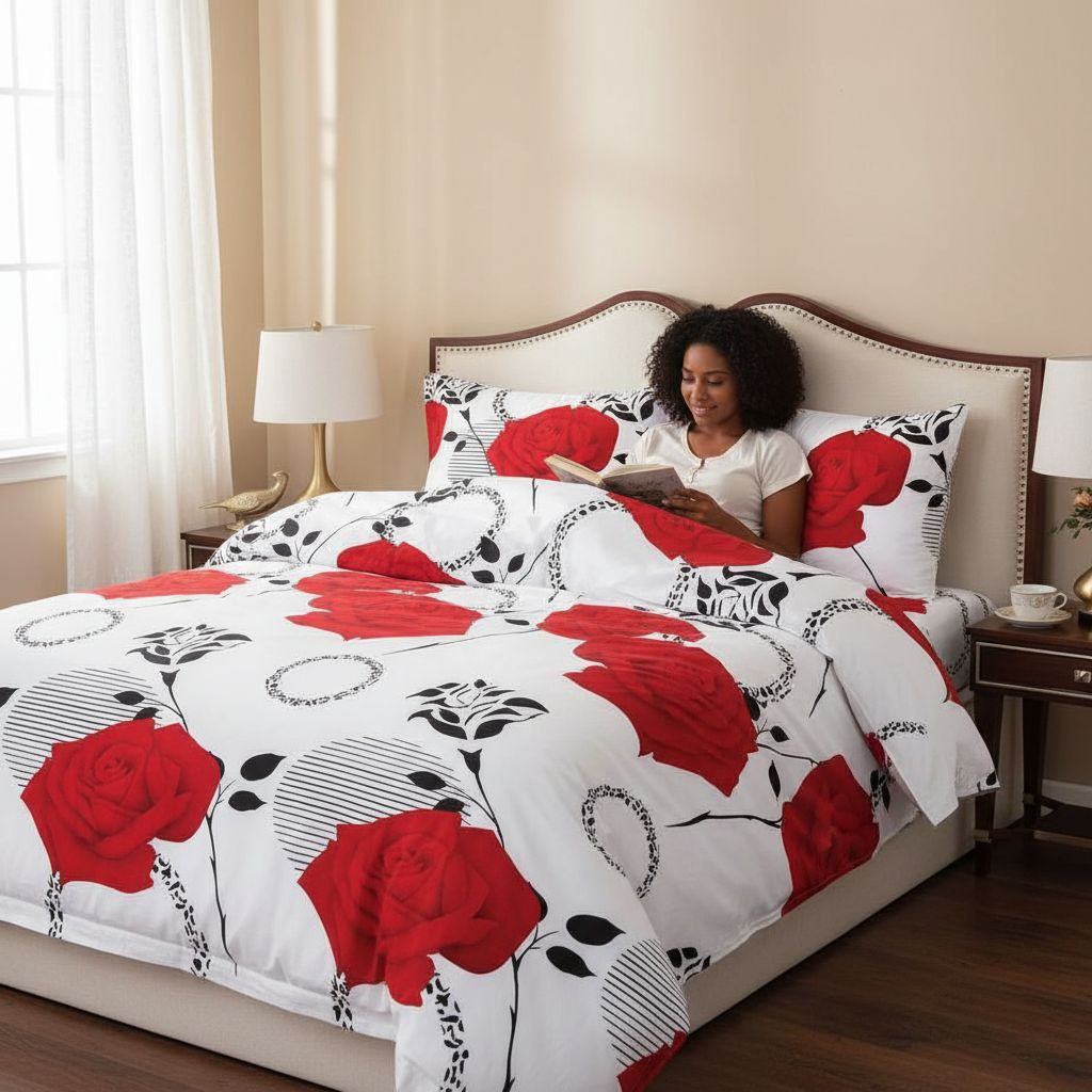 Draps en coton motif fleurs rouges