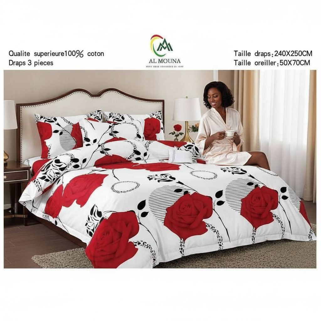 Draps en coton motif fleurs rouges