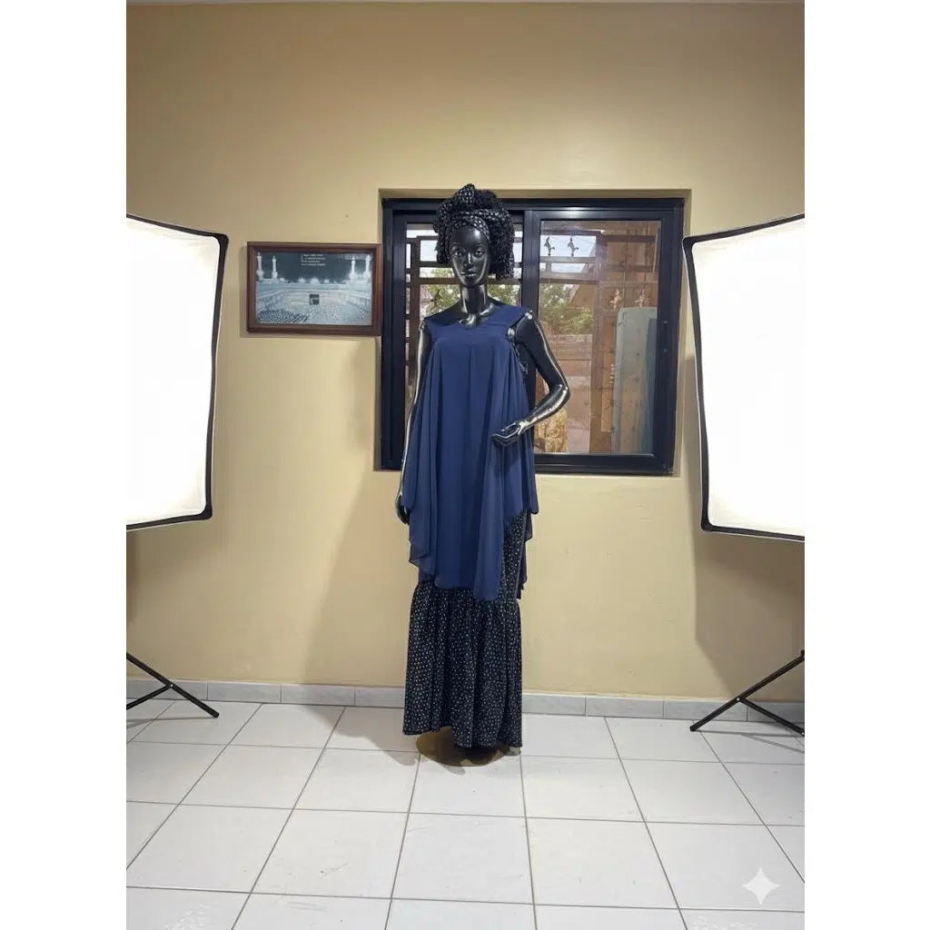 Ensemble jupe et haut femme chic bleu marine, coton et chiffon avec turban