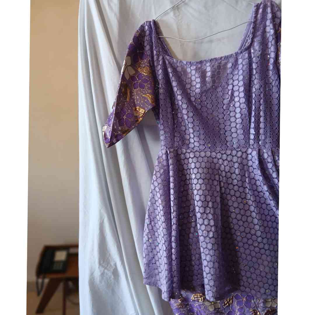 Ensemble jupe et haut femme brocart mauve doré