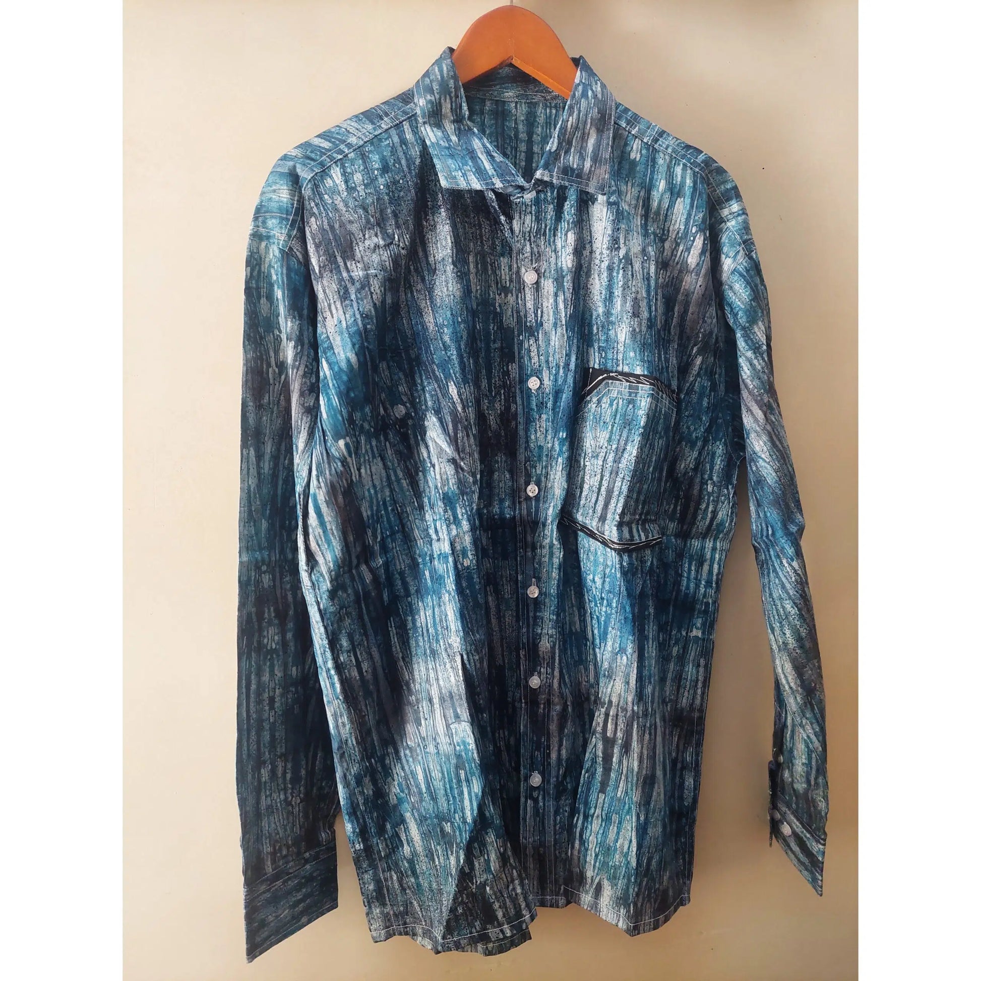 Chemise homme coton 2XL manches longues, motif artistique vert turquoise