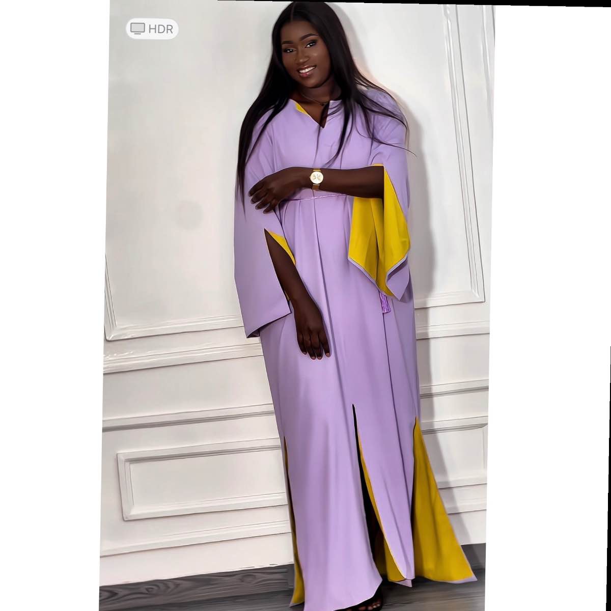 Jelaba femme soie de Médine violet et jaune