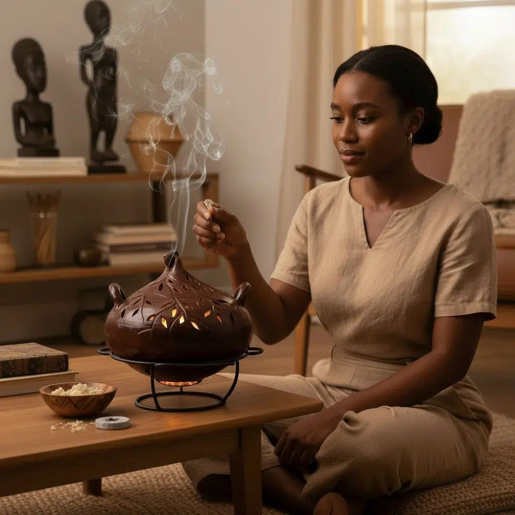 Encensoir artisanal terre cuite gravé – Brûleur d’encens zen déco maison