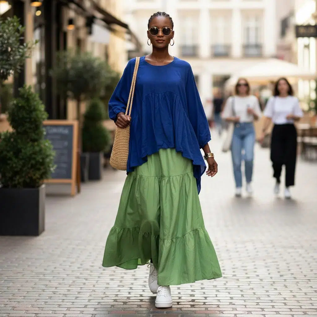 Ensemble jupe haut femme coton vert bleu