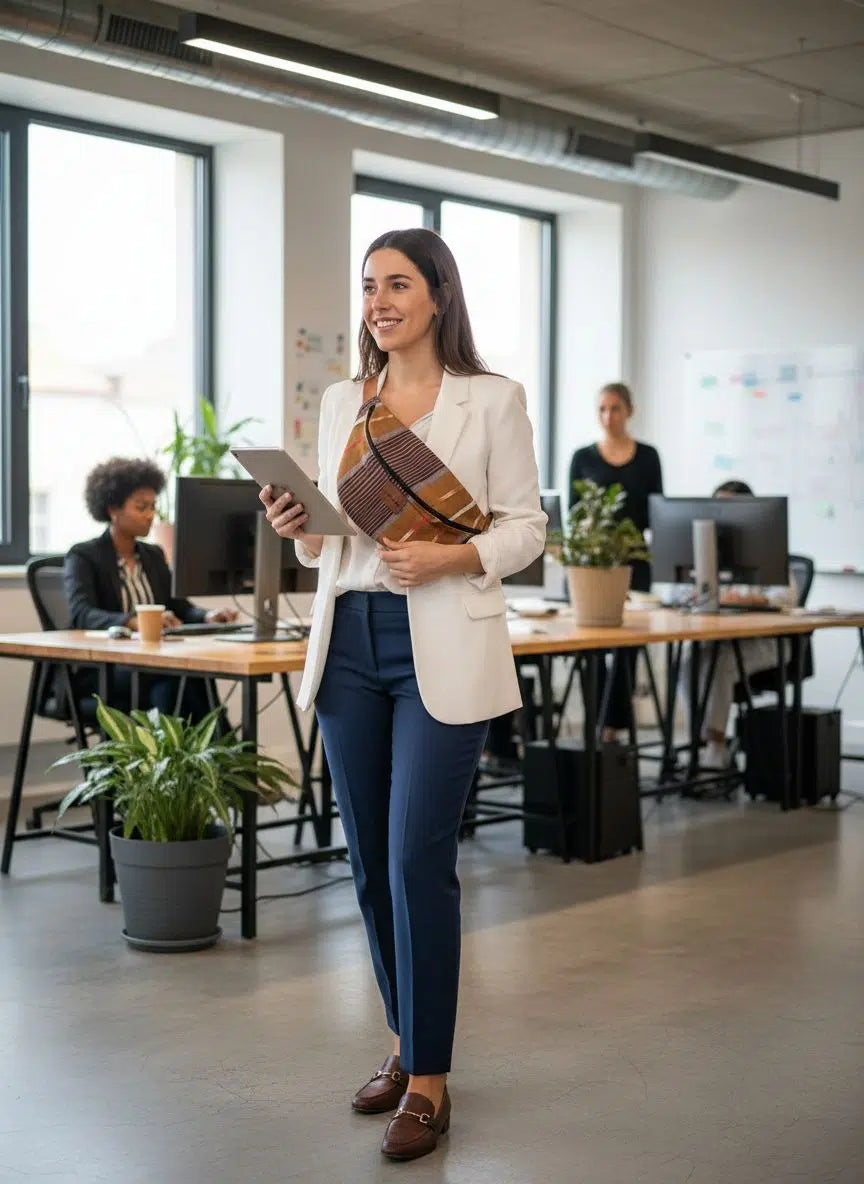 Sac banane marron rayé ajustable en toile coton – Style vintage bohème