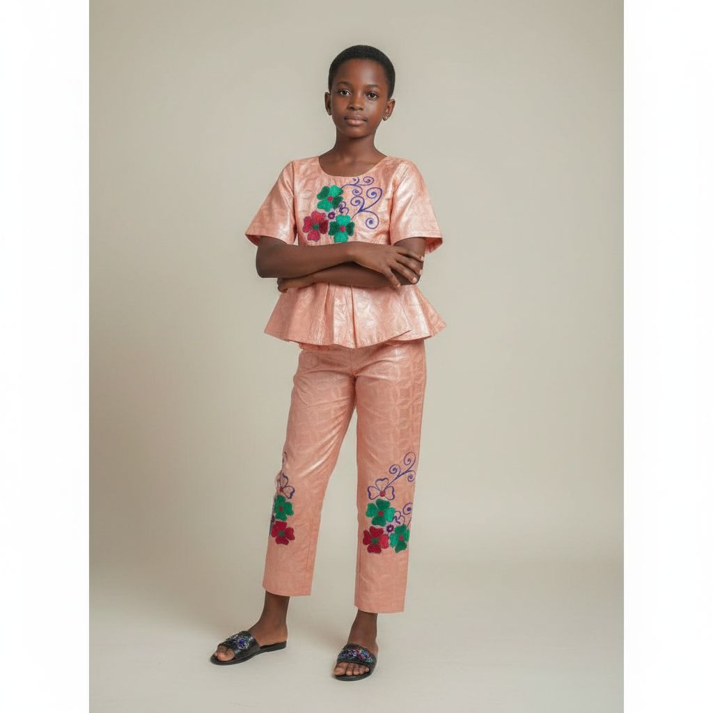 Ensemble bazin fille 10 ans orange clair, tenue africaine cérémonie élégante