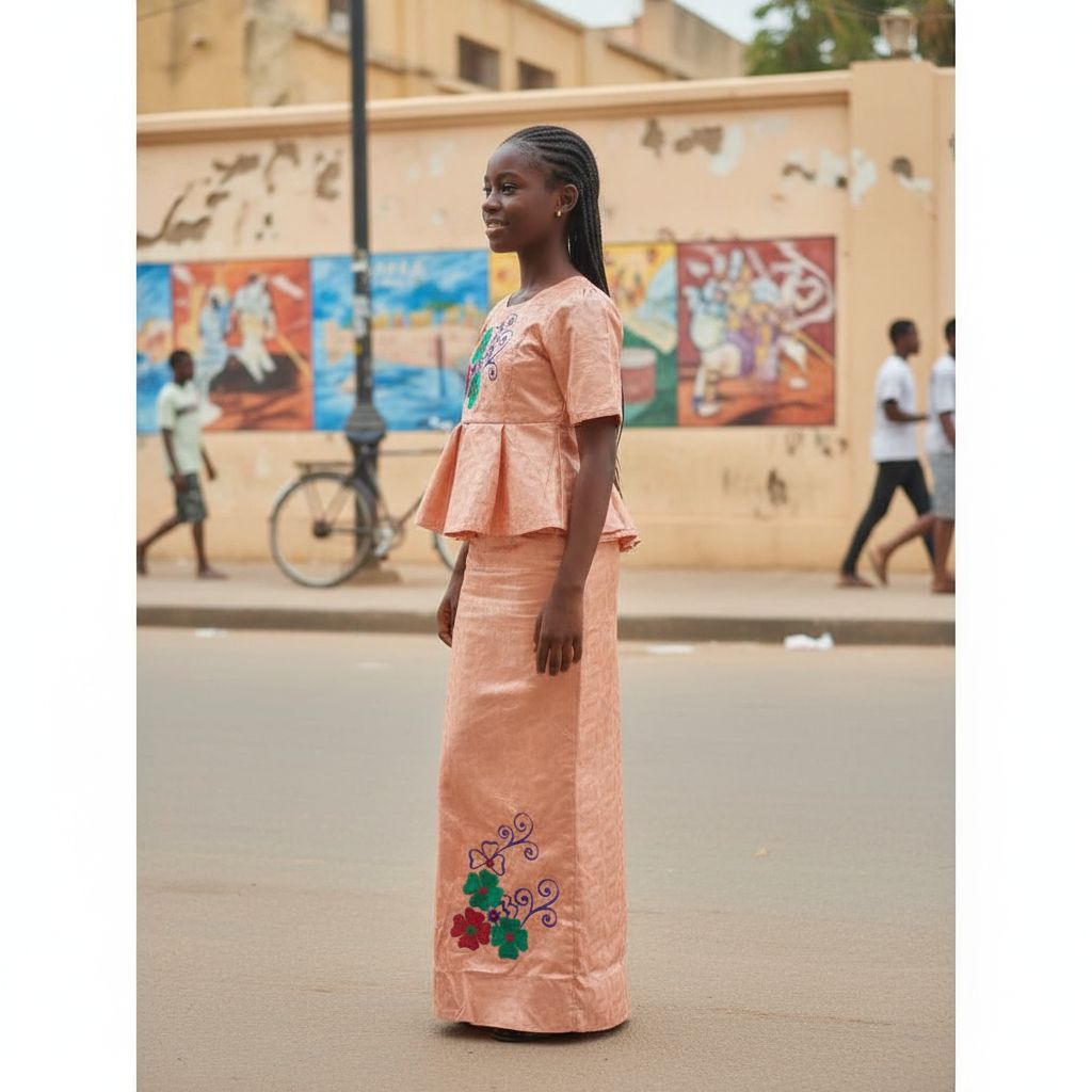 Ensemble bazin fille 10 ans orange clair, tenue africaine cérémonie élégante
