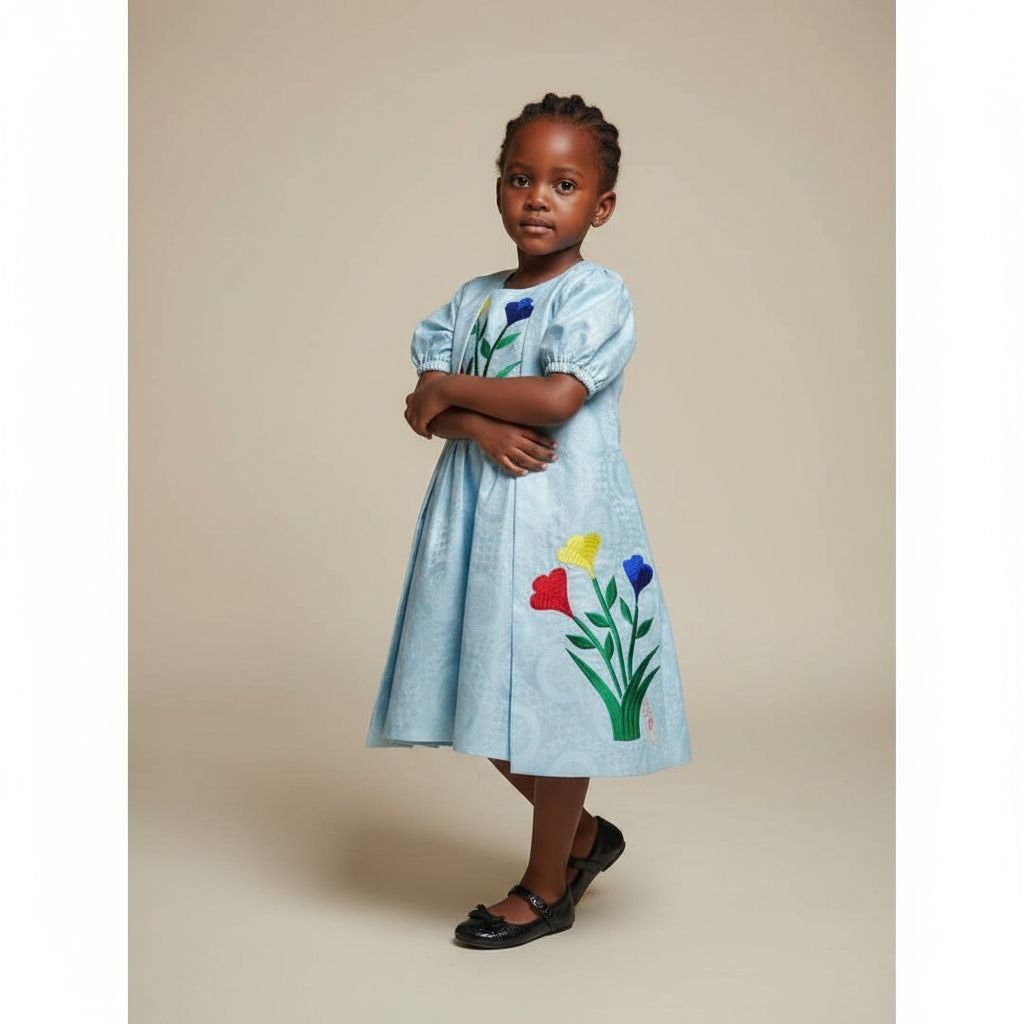 Ensemble bazin fille 3 ans bleu clair, tenue africaine cérémonie élégante
