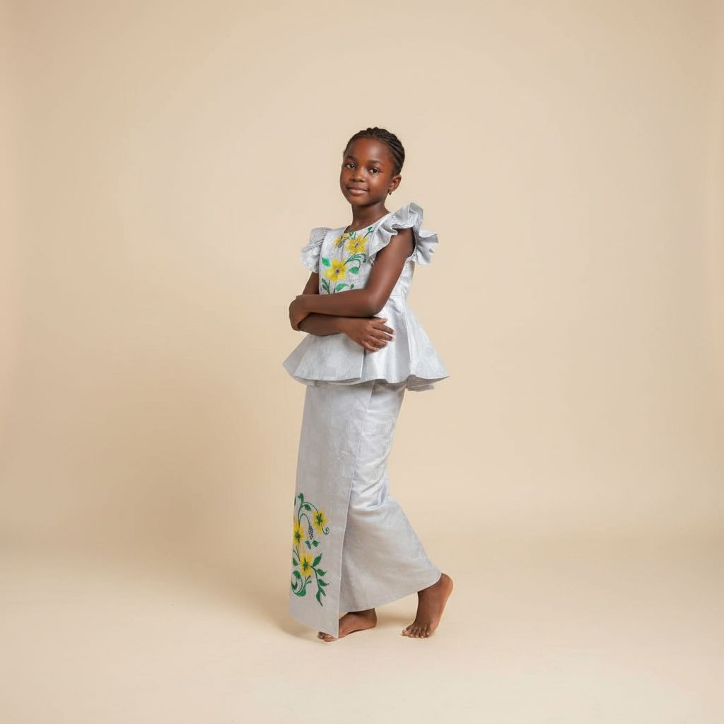 Ensemble bazin fille 7 ans gris clair, tenue africaine cérémonie élégante