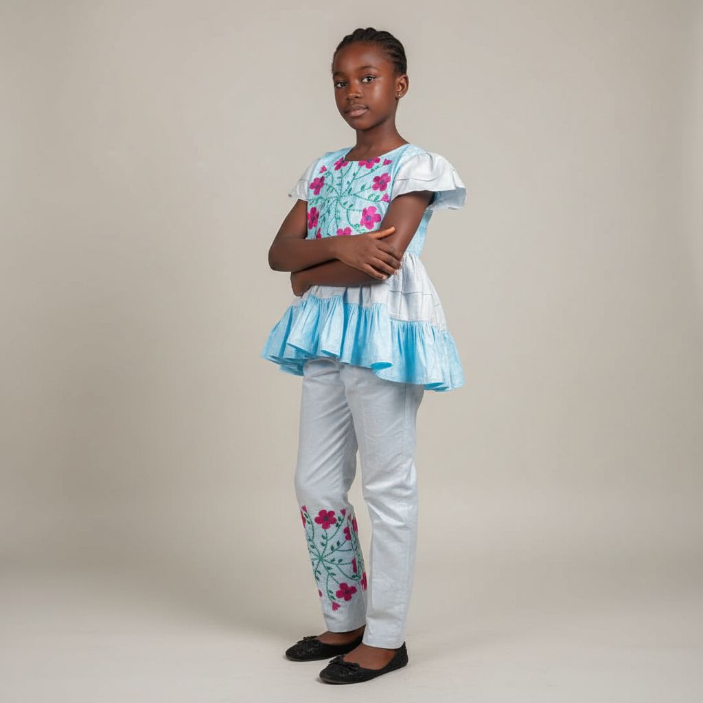 Ensemble bazin riche fille 10 ans bleu clair et gris, tenue cérémonie élégante