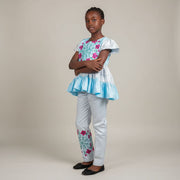 Ensemble bazin riche fille 10 ans bleu clair et gris, tenue cérémonie élégante