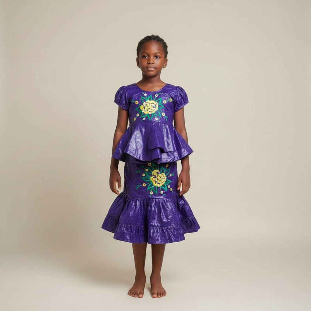 Ensemble bazin riche fille 8 ans mauve foncé, haut et jupe cérémonie élégante