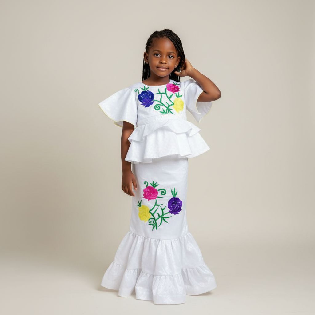 Ensemble bazin riche fille blanc 5 ans broderie, tenue cérémonie élégante