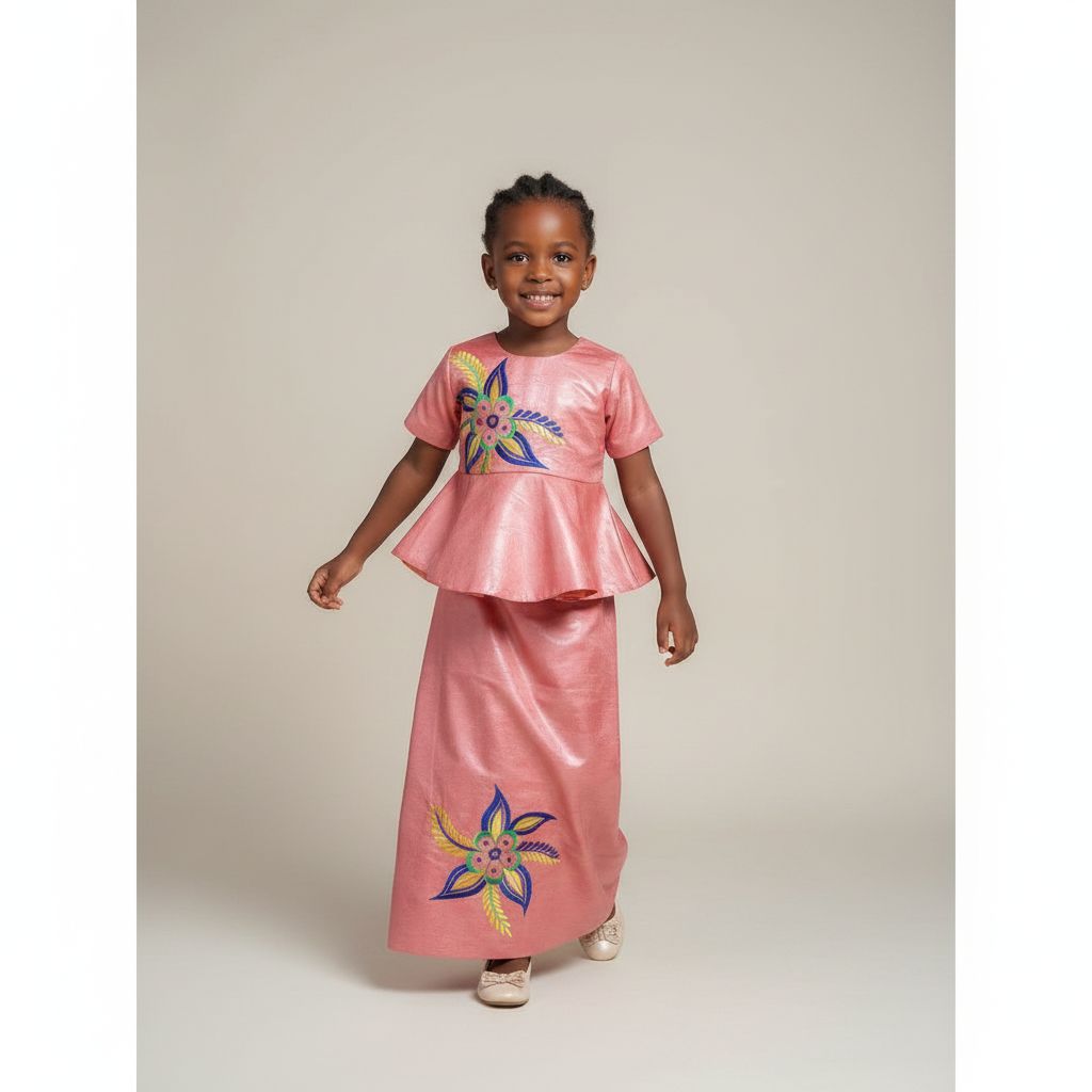 Ensemble bazin riche fille 5 ans saumon, haut et jupe cérémonie élégante