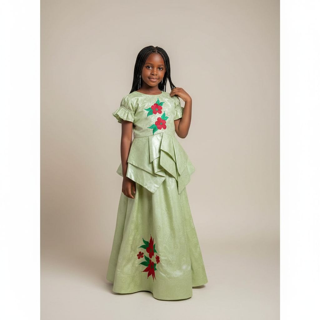 Ensemble bazin riche fille 6 ans vert clair, haut et jupe cérémonie élégante