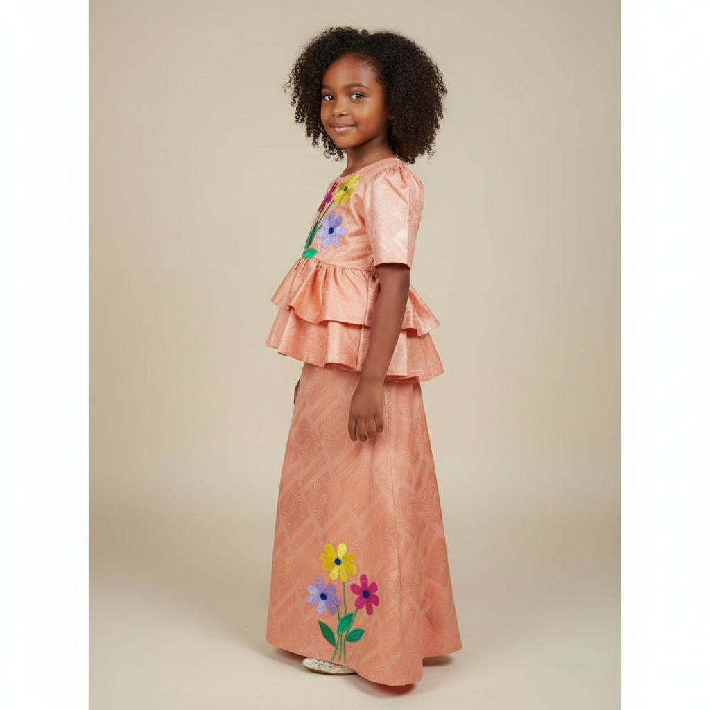 Ensemble bazin riche fille 6 ans orange, haut et jupe cérémonie élégante