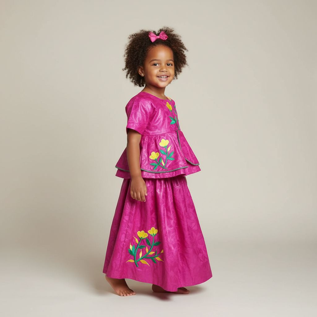 Ensemble bazin riche fille 3 ans rose fuchsia, haut et jupe cérémonie élégante