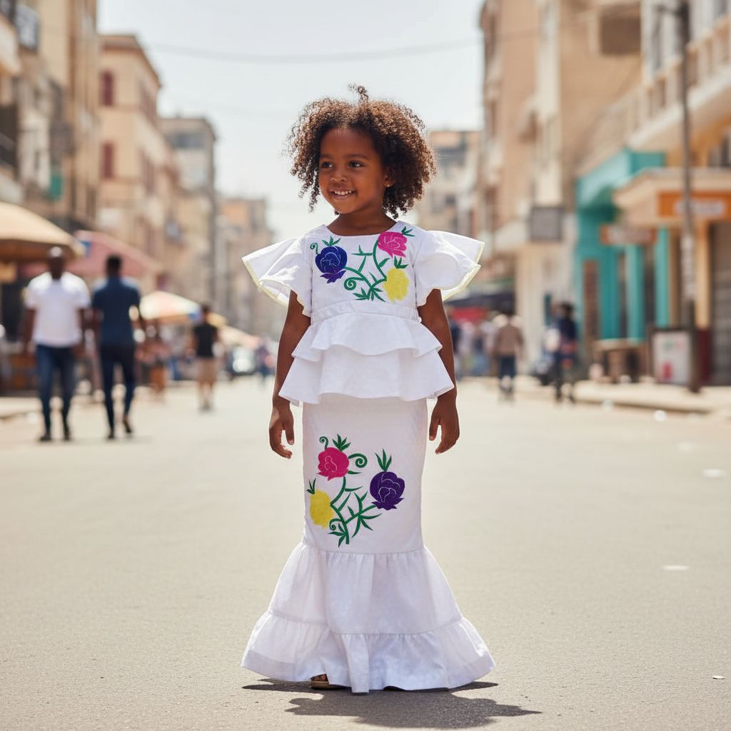 Ensemble bazin riche fille blanc 5 ans broderie, tenue cérémonie élégante