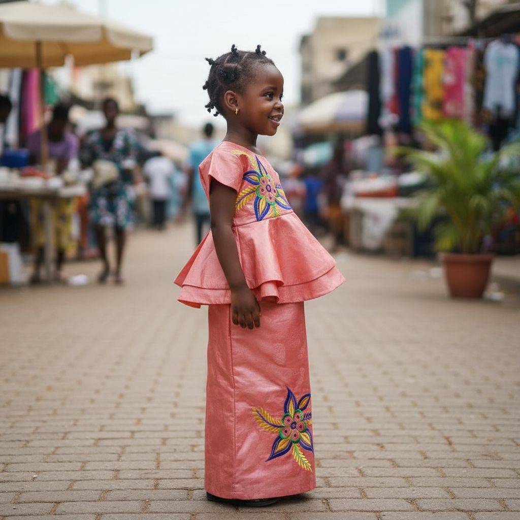 Ensemble bazin riche fille 5 ans saumon, haut et jupe cérémonie élégante