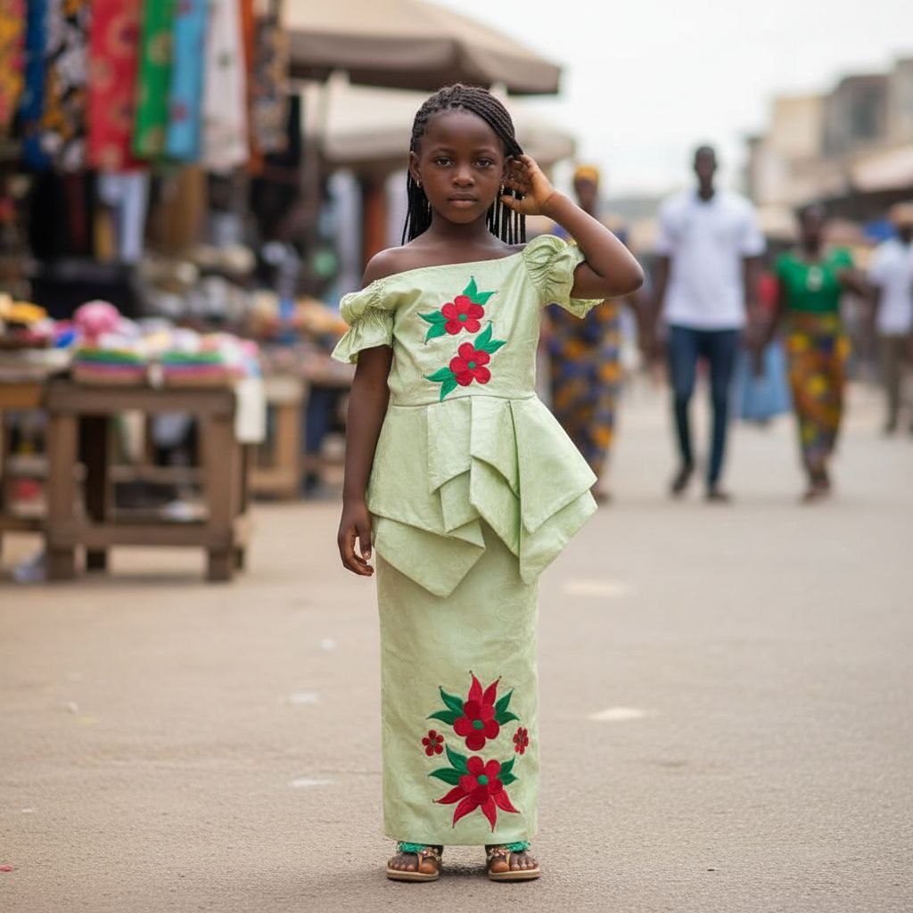 Ensemble bazin riche fille 6 ans vert clair, haut et jupe cérémonie élégante