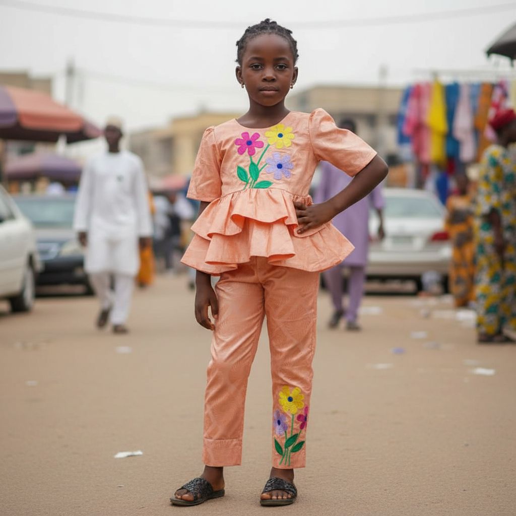 Ensemble bazin riche fille 6 ans orange, haut et jupe cérémonie élégante