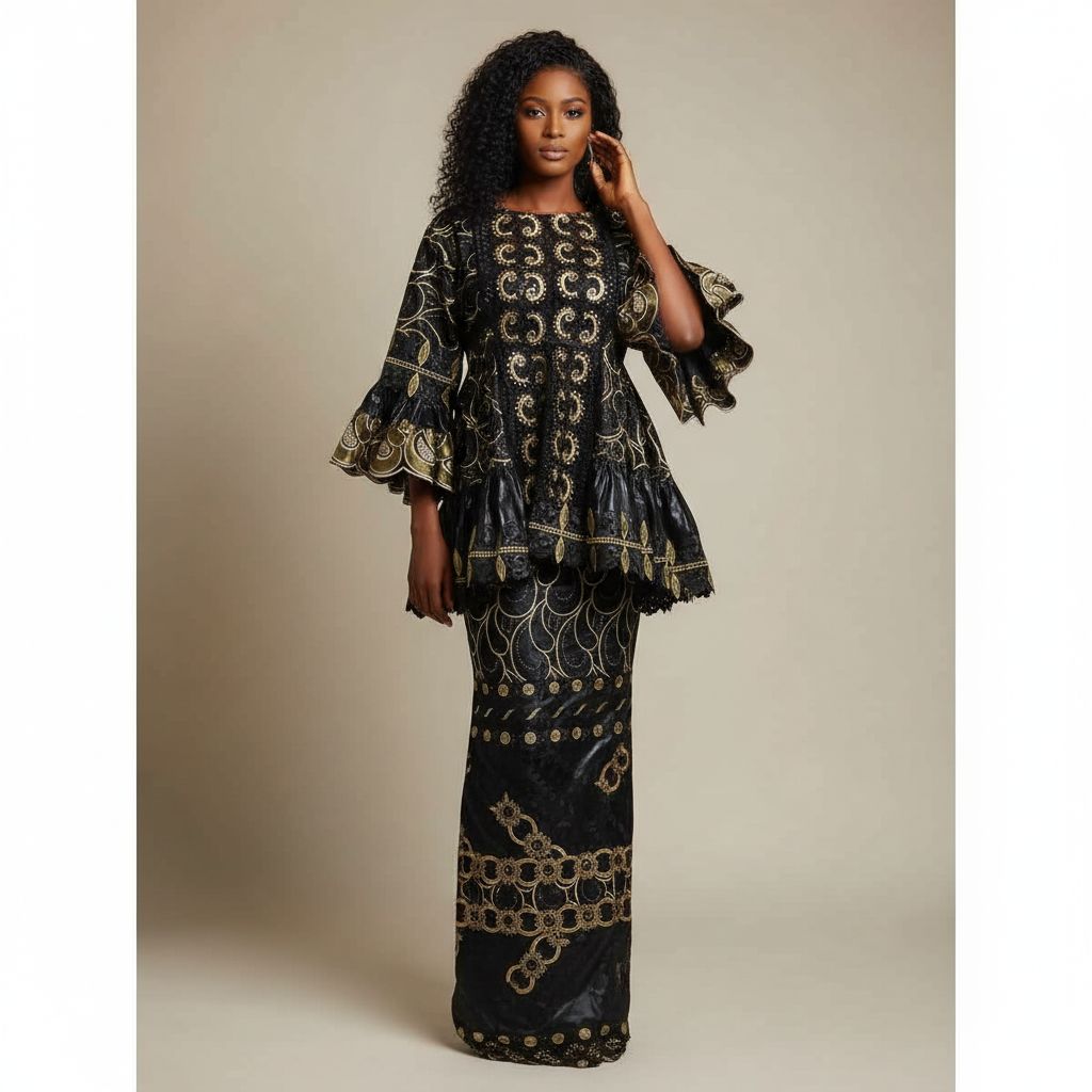Ensemble bazin thioup femme noir brodé doré, tenue africaine élégante