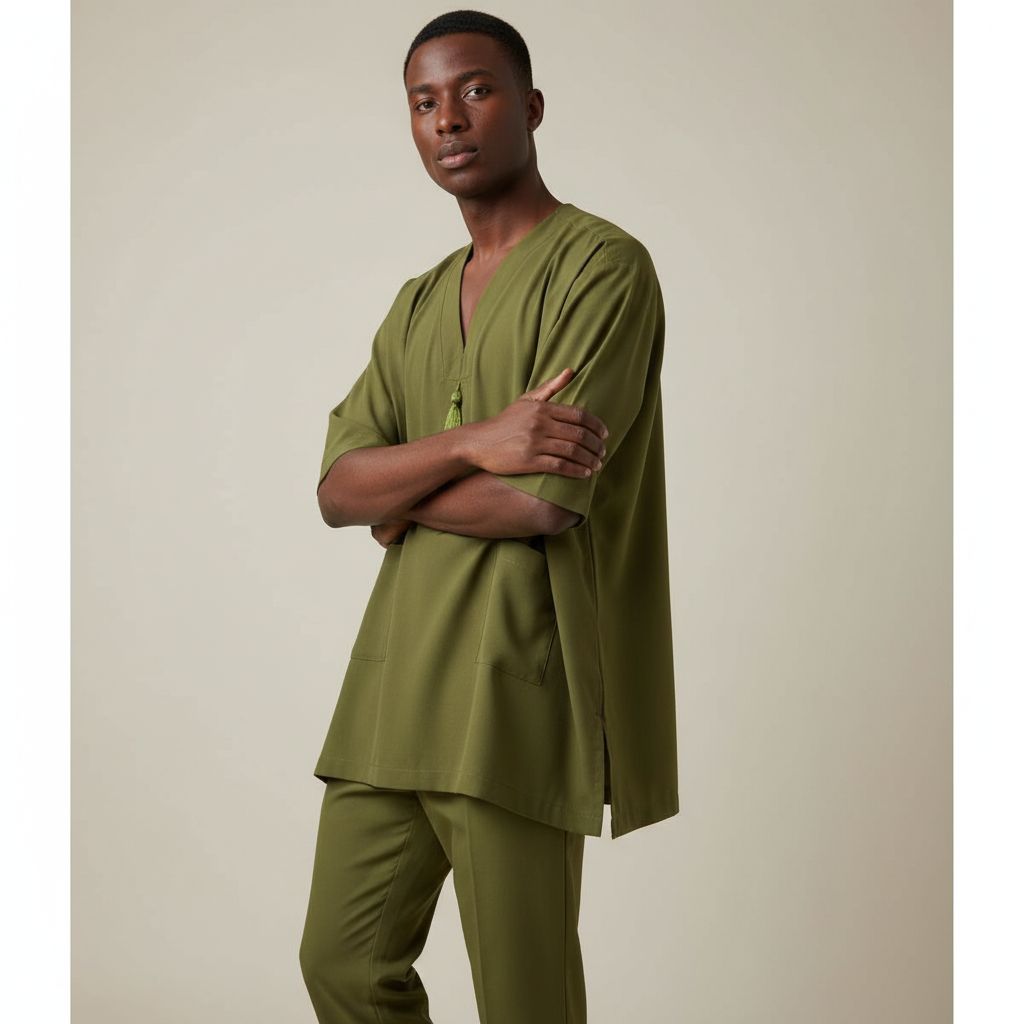 Ensemble boubou homme vert olive chic et confortable avec pantalon droit