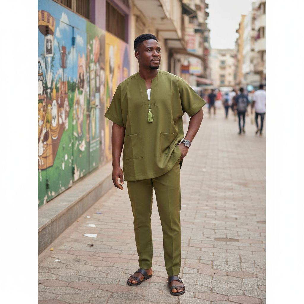 Ensemble boubou homme vert olive chic et confortable avec pantalon droit