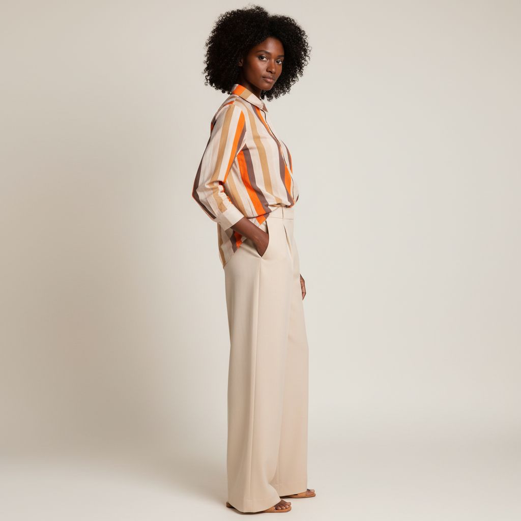 Ensemble chemise et pantalon femme chic – pantalon large beige et chemise rayée