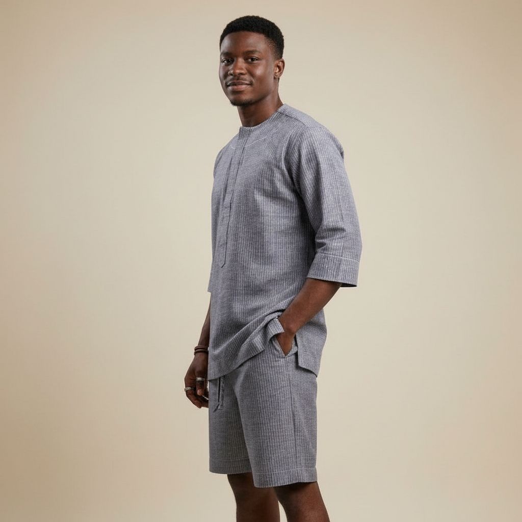 Ensemble chemise et short homme bleu coton lin, tenue été décontractée