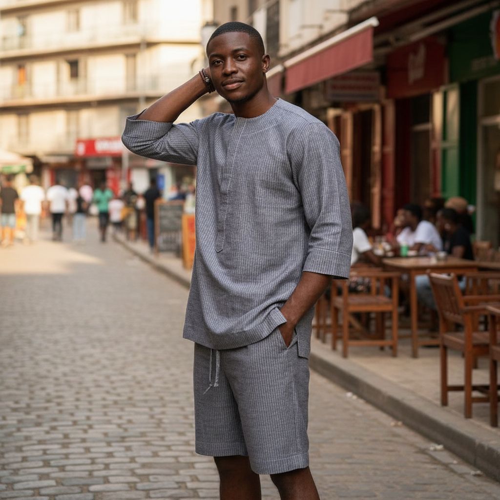 Ensemble chemise et short homme bleu coton lin, tenue été décontractée