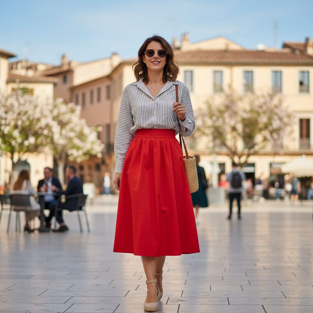 Ensemble chemise lin femme rayée chic et jupe rouge