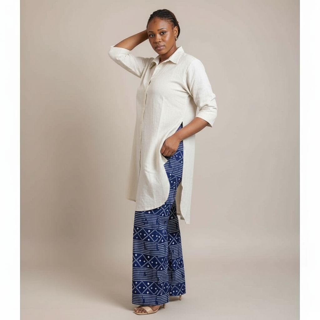 Ensemble chemise longue lin et pantalon wax bleu femme chic élégant