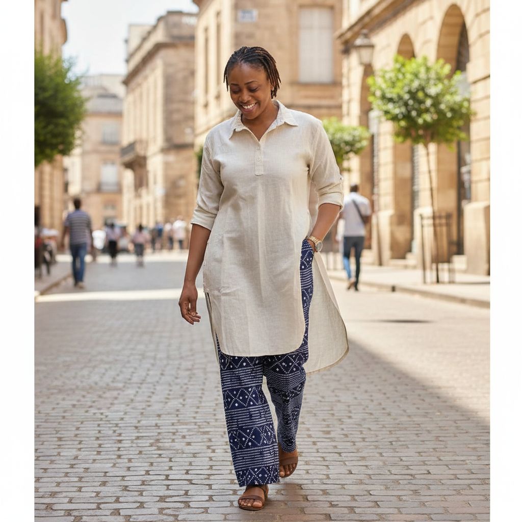 Ensemble chemise longue lin et pantalon wax bleu femme chic élégant