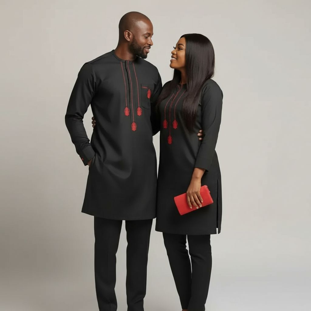 Ensemble couple traditionnel brodé noir rouge, tenue assortie élégante