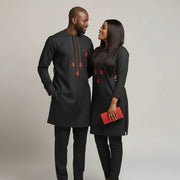 Ensemble couple traditionnel brodé noir rouge, tenue assortie élégante