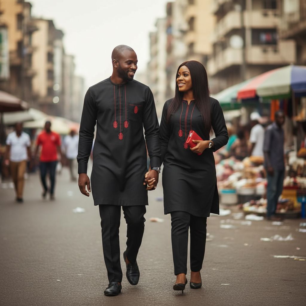 Ensemble couple traditionnel brodé noir rouge, tenue assortie élégante