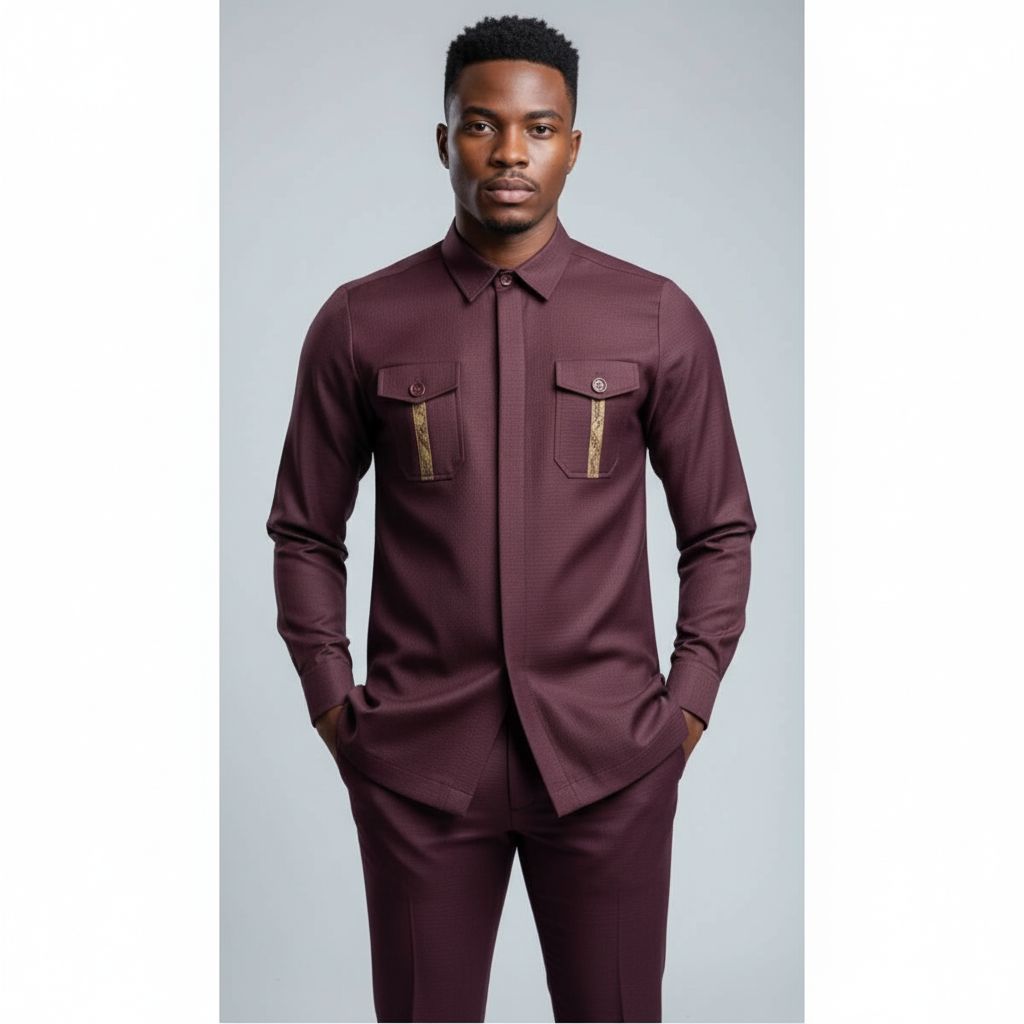 Ensemble couture homme élégant chemise bordeaux et pantalon coupe droite