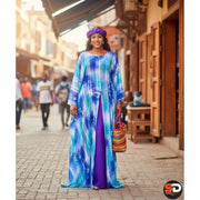 Ensemble femme africain élégant bleu et rouge, robe longue avec bandeau