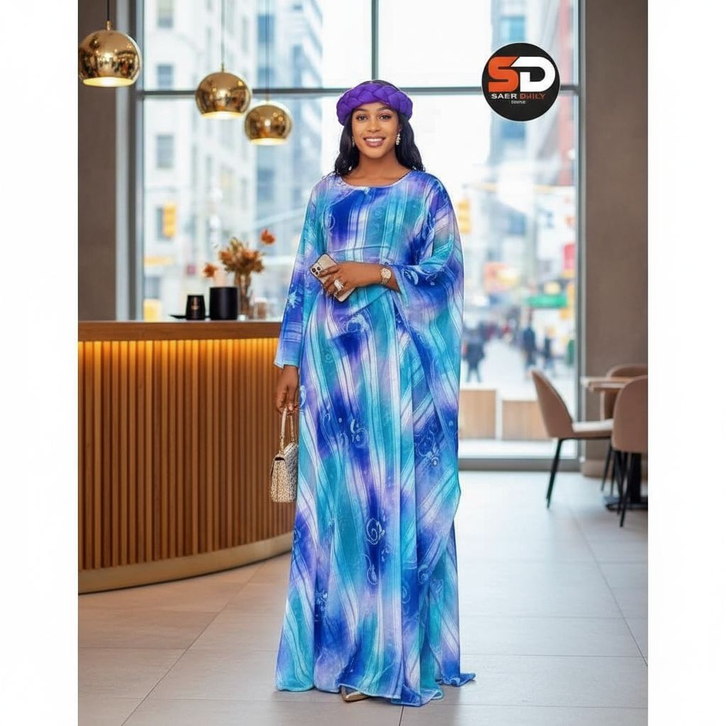 Ensemble femme africain élégant bleu et rouge, robe longue avec bandeau