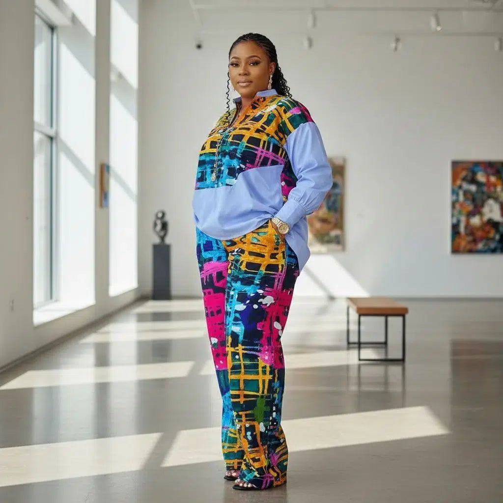 Ensemble femme chemise pantalon patchwork coloré Woodin ample et moderne